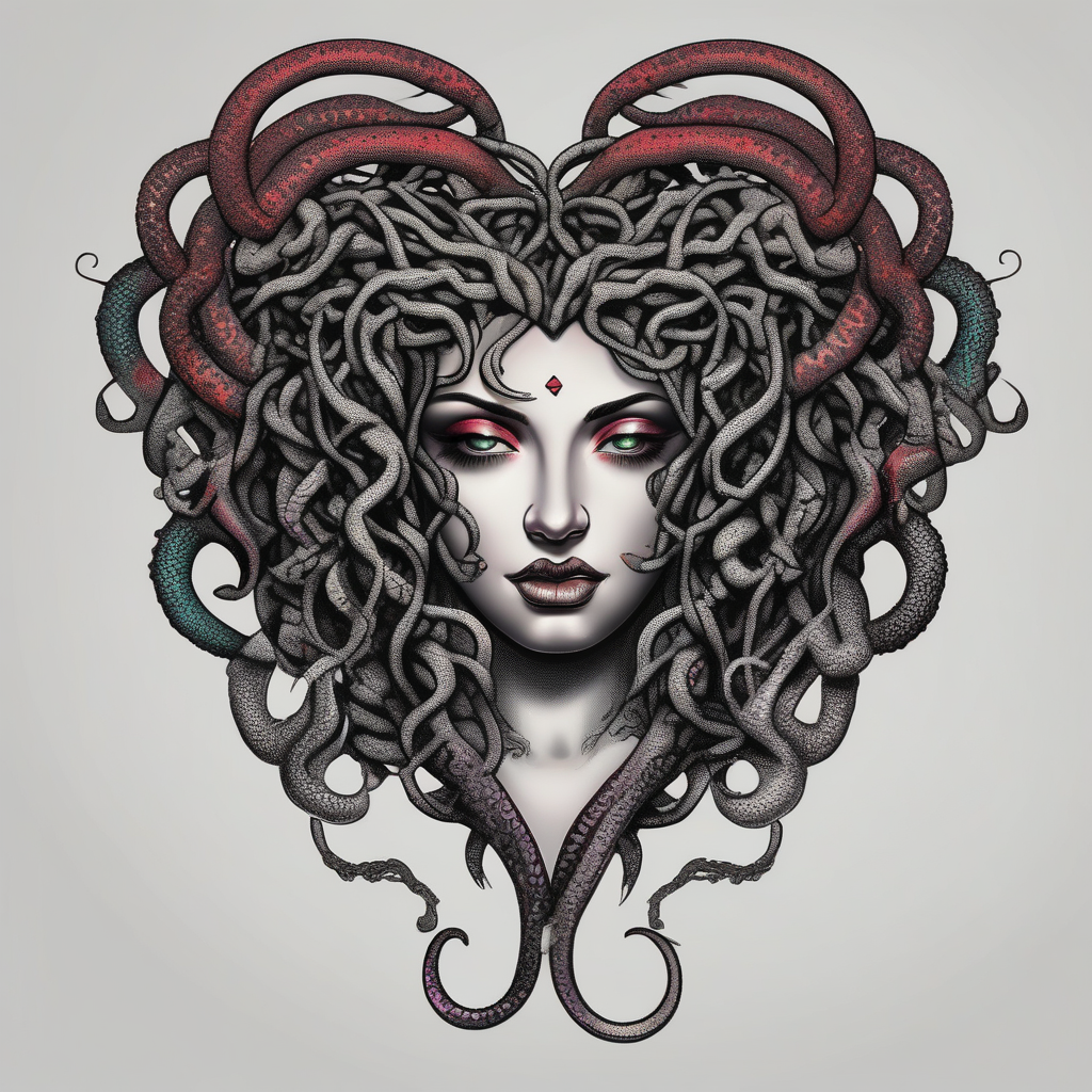 Realistic beautiful Medusa tattoo biting a heart second skin tattoo, AI-generated Dotwork tattoo design